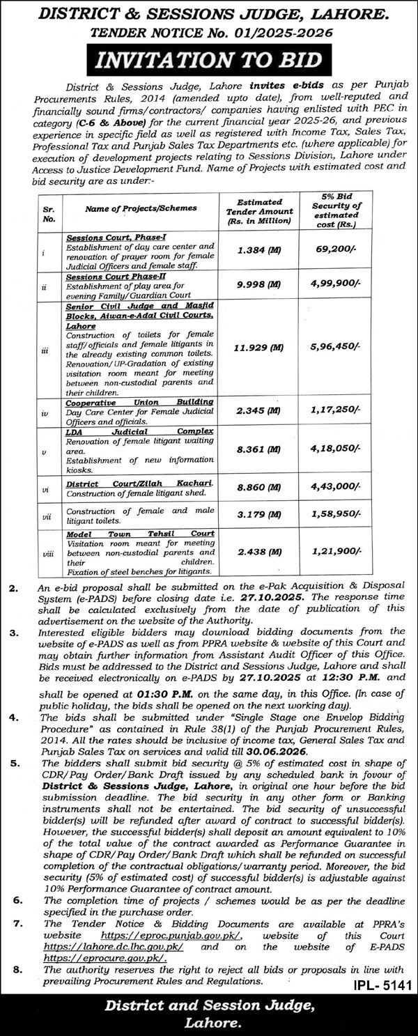 District & Session Court Lahore Tender Notice
